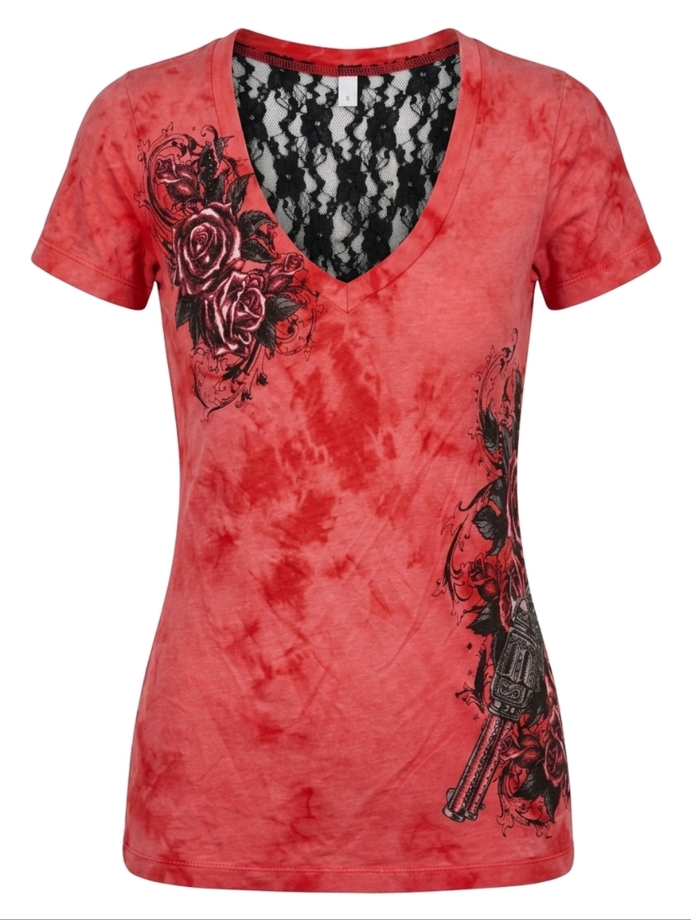 Archaic Affliction Womens Size Small V-Neck Tye Dye Gun Graphics Lace Back Panel